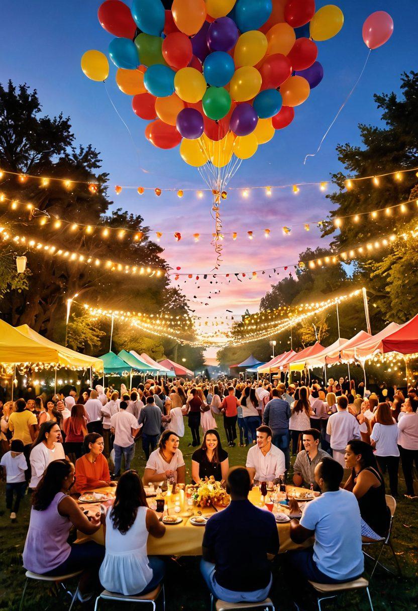 A vibrant scene showcasing a lively celebration in a beautiful park, where people of diverse backgrounds enjoy colorful balloons, confetti, and delicious food. Include joyful expressions, decorated tables with festive lights, and a breathtaking sunset in the background. The atmosphere should radiate joy and togetherness, emphasizing a transition from ordinary moments to extraordinary memories. super-realistic. vibrant colors. warm lighting.