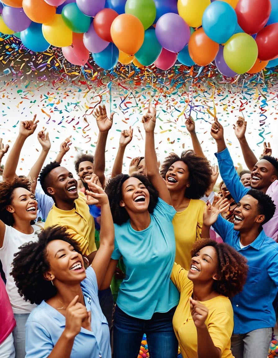 A lively scene of a diverse group of people celebrating together, surrounded by colorful decorations and balloons, showcasing joy and connection. Bright confetti falls from the sky, illuminating smiles on happy faces as they engage in various festivities, such as dancing and sharing food. The background features a rainbow of colors with soft lighting to enhance the sense of warmth and community. whimsical art. vibrant colors. festive atmosphere.