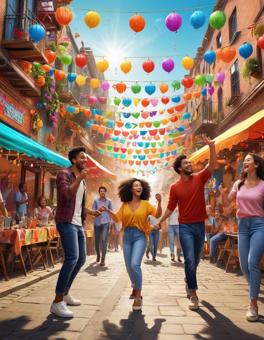 A lively urban scene depicting a diverse group of people celebrating together, surrounded by colorful decorations and vibrant street art. Include elements like music, dance, and food stalls that showcase cultural diversity, with joyful expressions and a sense of community. Bright colors dominate the image, conveying an atmosphere of happiness and togetherness. super-realistic. vibrant colors. 3D.